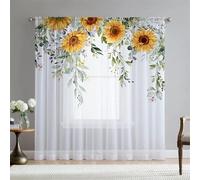 Surwin Voile Curtain, European Style 2 Panels Curtains for Bedroom, Semi Transparent Eyelet Sheer Curtains, Living Room Balcony Home Decorative Net Curtains for Windows (W132xH182cm,Sunflower)