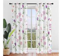 Surwin Voile Curtain, Floral Art Style 2 Panels Curtains for Bedroom, Semi Transparent Eyelet Sheer Curtains, Living Room Balcony Home Decorative Net Curtains for Windows (W52xL63Inch,bee)