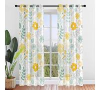 Surwin Voile Curtain Floral Net Curtains 2 Panels, Sheer Curtains with Eyelet, Semi Transparent Voile Panel Window Treatments for Kitchen,Bedroom,Living Room (W42 xL84,Yellow Flowers)
