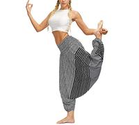 Surwin Women's Boho Harem Trousers, Ethnic Style Print Elastic High Waist Hippie Lounge Trousers Baggy Bohemian Thai Yoga Pants for Yoga Summer Beach (Grey Stripes,One Size)