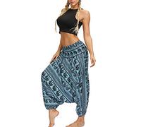 Surwin Women's Boho Harem Trousers, Ethnic Style Print Elastic High Waist Hippie Lounge Trousers Baggy Bohemian Thai Yoga Pants for Yoga Summer Beach (Green Exotic,One Size)
