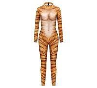 Surwin Women's Catsuit Halloween Costume, 3D Animal Tiger print Leopard print Long Sleeve Skinny Stretch Onesies Ladies Jumpsuit Cosplay Adults Fancy Dress Up