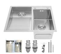 SUS304 Stainless Steel Laundry Sink with Washboard | Drop-in & Undermount Installation | Double Bowl Utility Basin for Balcony, Basement, Garage | Brushed Finish, Drain Kit Included(Left,60x48cm)