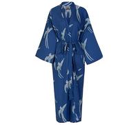 Susannah Cotton Women's Cotton Dressing Gown Kimono Robe/Lightweight 100% cotton. Hand-printed | Long Tailed Bird on Dark Blue (Single Size: 122cm/48" length)