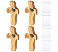 Susfyhya 4Pcs Wooden Cross with Storage Bag, Pocket Small Cross with Heart-Inlay, Vintage Handheld Crosses for Pray & Decoration, Encouragement Gifts for Adults Fingertip Stress Relief