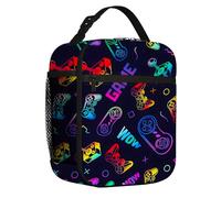 Susfyhya Game Lunch Bag for Boys, Packed Lunch Bag with Side Bottle Holder, Insulated Leakproof Lunch Box with Neon Graffiti, Lightweight Lunch Box for School Work and Camping