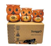 SusggO Set of 3 Decorative Wooden Owls, Decoration, Hand-Carved, Lucky Owl, Craft Idea, Furniture Ornament (Brown, Golden Details)