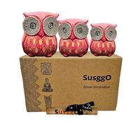 SusggO Set of 3 Wooden Owls, Decoration, Hand-Carved, Lucky Owl, Craft Idea, Furniture Ornament (Pink)