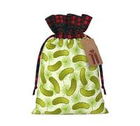 (Sushi Dill Pickles) Christmas Drawstring Gift Bags, Reusable Buffalo Plaid Drawstring Wrapping Bags For Xmas Party Supplies M