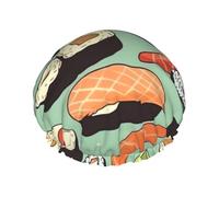 Sushi Food Pattern Shower Cap for Women Men, Elastic and Reusable, Stylish Large Waterproof Shower Bonnet, Washable Hair Bath Caps, Double Layers Bathing Hat for Long Hair, Braids