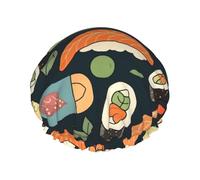 Sushi Food Pattern Shower Caps for Women Reusable Waterproof Shower Cap with Elastic Strap Bath Hair Hat Double Layers Thick Bath Caps for Spa Salon Travel