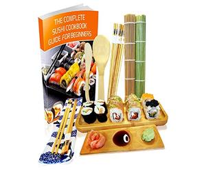Sushi Making Kit 11 Pcs - Bamboo Sushi Rolling Mat and Serving Set - Make Your Own Sushi at Home - 2 Mats, 5 Pairs Chopsticks with Bag, Paddle, Spreader, Serving Platter, Triplet Sauce dish with Book