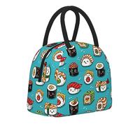 Sushi Sashimi Insulated Lunch Bags for Women, Cute Sushi and Sashimi Lunch Box Boy Girl Portable Reusable Thermal Cooler Lunch Tote Bag for School Office Outdoor Picnic with Front Pocket