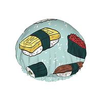 Sushi Shower Cap,Japanese Food Colorful Different Types Of Sushi And Rolls Waterproof Double Layer Bath Caps Perfect For All Hair Lengths And Thicknesses