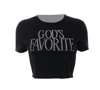 SUSHRUTA God's Favorite Rhinestones Aesthetic Women Y2k Clothes Vintage Fairy Grunge Graphic T Shirts Slim Short Sleeve Crop Top,black,M