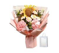 susiodeu Realistic Crochet Bouquet of Handmade Knitted Flowers Including Rose Daisy and Artificial Leaves for Home Decor Handmade Knitted Bouquet Eternal Blessing Wedding, Pink, 35x27cm