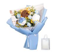susiodeu Realistic Crochet Bouquet of Handmade Knitted Flowers Including Rose Daisy and Artificial Leaves for Home Decor Handmade Knitted Bouquet Eternal Blessing Wedding, Blue, 35x27cm