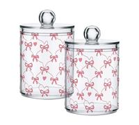 susiyo Pink Bow 2 Pack Qtip Holder Organizers Dispenser Bathroom Container Clear Storage Canister Apothecary Jar Set for Cotton Swabs, Pads, Balls, Floss Picks