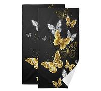 susiyo Set of 2 Hand Towels Gold White Butterflies Black Bath Towels Soft Absorbent Guest Face Towel Kitchen Dish Towel Beach Towels Spa Home Bathroom Decorations