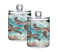 susiyo Vintage Ocean Sea Turtle Map 2 Pack Qtip Holder Organizers Dispenser Bathroom Container Clear Storage Canister Apothecary Jar Set for Cotton Swabs, Pads, Balls, Floss Picks