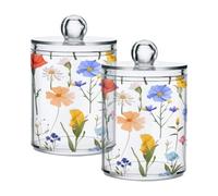 susiyo Watercolour Flower 2 Pack Qtip Holder Organizers Dispenser Bathroom Container Clear Storage Canister Apothecary Jar Set for Cotton Swabs, Pads, Balls, Floss Picks
