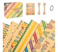 SUSNUAN Gift Wrapping Paper, 10 Pcs Birthday Wrapping Paper with 9 Gift Tags, 2 Rope, 1 Double Sided Tape, Kraft Wrapping Paper for Mens Girls Boy's Birthday, Party, Holiday or Wedding Gift