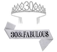 SUSSURRO "30 and Fabulous Sash and Rhinestone Tiara Set,30th Birthday Gifts Birthday Sash for Women Birthday Party Supplies( Silver)