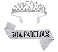SUSSURRO "50 and Fabulous Sash and Rhinestone Tiara Set,50th Birthday Gifts Birthday Sash for Women Birthday Party Supplies(Silver)