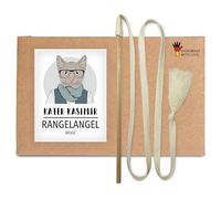 Sustainable cat fishing rod with beech wood rod and beige cotton ribbon. Handmade and lovingly made in Germany sustainable cat toy