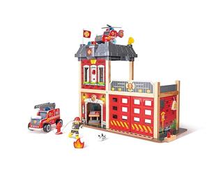 Sustainable Wood Toy Hape Large Fire Station Playset With Battery-Powered Alarms, Fire Fighter, Rescue Dog And Helicopter. 3 years +