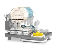 SUSTEAS 3 Tier Expandable Dish Drainer Rack with Drip Tray, Spacious Kitchen Dish Drying Rack for Crockery,Adjustable Draining Board Rack with Drainage Spout, Cup Holder and Utensils,Grey
