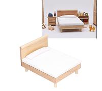 SustVita Classic Miniature Dollhouse Bed with Complete Bedding Set for a Doll's Sleeping Room, a 1:12 Scale Doll House Decoration Accessory in Oak