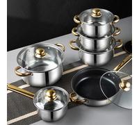 SustVita Kitchen Pots Set with Gold Handle, 12Pcs Stainless Steel Cookware Set, Multifunctional Cooking Pots and Pans for Easy Home Cooking
