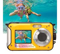 SustVita Weatherproof Digital Camera, Full HD 2.7K 48MP, 10ft Underwater Digital Camera with Front Rear Double Screens, 16X Digital Zoom (Yellow)