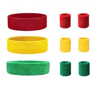 SUSU BLOCK 9 Pieces Sweatbands Set, Includes 3 Pieces Sports Headband and 6 Pieces Cotton Wristbands (Red+Yellow+Green) for Men and Women Athletic Bands for Basketball, Tennis, Working Out