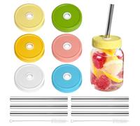 SusuBee 6 Plastic Pack Mason Jar Lids, Colorful Regular Mouth Mason Jar Drinking Lids Compatible for Mason Jar, Canning Ball Jars, with Straws and Cleaning Brush (JAR NOT INCLUDES)