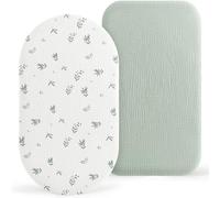 Susurration Moses Basket Sheets, 2 Pack Muslin Cotton Bassinet Sheets Fits Oval and Rectangle Crib Bassinet Mattress, Breathable and Skin-Friendly for Baby Boy and Girl (Green & Bamboo)
