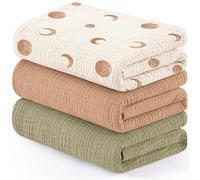 Susurration Muslin Cloths for Baby, 100 x 96 cm Baby Swaddle for Boys and Girls, Soft Baby Muslin Blanket, 3 Pack Breathable Nursery Receiving Blankets (Brown Moon)