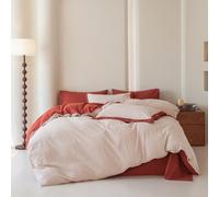 SUSYBAO King Duvet Cover 100% Washed Cotton 3 Pieces Set 1 Red Striped Duvet Cover with Zipper Ties 2 Pillow Shams Classic Soft Terracotta Pinstripe Print Bedding Set Breathable