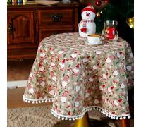 SUTAVIA Christmas Tablecloth Red Fabric Boho Table Cloths Pompom Tassel Green Tree Shiny Decoration Rectangle Table Cover for Home Winter Holiday Party Dining Table (Santa Claus, 60" Round)