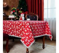 SUTAVIA Christmas Tablecloth Red Fabric Boho Table Cloths Pompom Tassel Green Tree Shiny Decoration Rectangle Table Cover for Home Winter Holiday Party Dining Table (Xmas Tree, 60"x120")