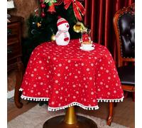 SUTAVIA Christmas Tablecloth Red Fabric Boho Table Cloths Pompom Tassel Green Tree Shiny Decoration Rectangle Table Cover for Home Winter Holiday Party Dining Table (Xmas Snow, 60" Round)