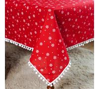 SUTAVIA Christmas Tablecloth Red Fabric Boho Table Cloths Pompom Tassel Green Tree Shiny Decoration Rectangle Table Cover for Home Winter Holiday Party Dining Table (Xmas Snow, 60"x120")
