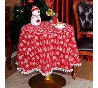 SUTAVIA Christmas Tablecloth Red Fabric Boho Table Cloths Pompom Tassel Green Tree Shiny Decoration Rectangle Table Cover for Home Winter Holiday Party Dining Table (Xmas Tree, 60" Round)