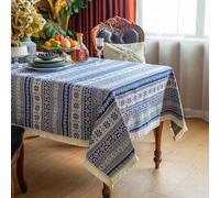 SUTAVIA Cotton Linen Tablecloth with Exquisite Floral Lace Tassel Dust-Proof Rustic Rectangular Tablecloths for Dining Table Home Decor Holiday Party Buffet (Vintage Blue, Rectangular, 60"x104")