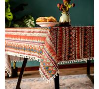 SUTAVIA Pompom Tassel Boho Tablecloth Rectangle Table Covers Wrinkle Free Linen Bohemian Style Design Christmas Table Cloth for Dining Room Tabletop Decoration (Red, 52"x70")