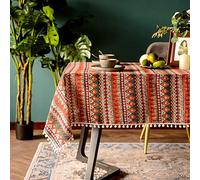 SUTAVIA Pompom Tassel Tablecloth for Bohemian Rectangle Table Covers，Wrinkle Free Linen Bohemian Style Design Table Cloth for for Dining Room, Tabletop Decoration (Red, 60"x84")