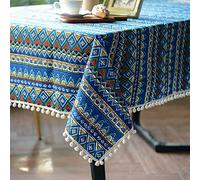 SUTAVIA Pompom Tassel Tablecloth for Bohemian Rectangle Table Covers，Wrinkle Free Linen Bohemian Style Design Table Cloth for for Dining Room, Tabletop Decoration (Blue, 52"x70")