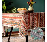 SUTAVIA Pompom Tassel Tablecloth for Bohemian Rectangle Table Covers，Wrinkle Free Linen Bohemian Style Design Table Cloth for for Dining Room, Tabletop Decoration (Boho Red, 60"x104")