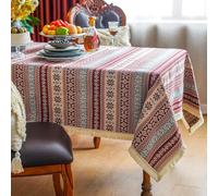 SUTAVIA Red Boho Tablecloth Cotton Linen Fabric with Tassel Table Covers Wrinkle Free Bohemian Washable Tablecloths for Home Decor Holiday Party Dining Table(Vintage Red, Rectangle, 52"x70")